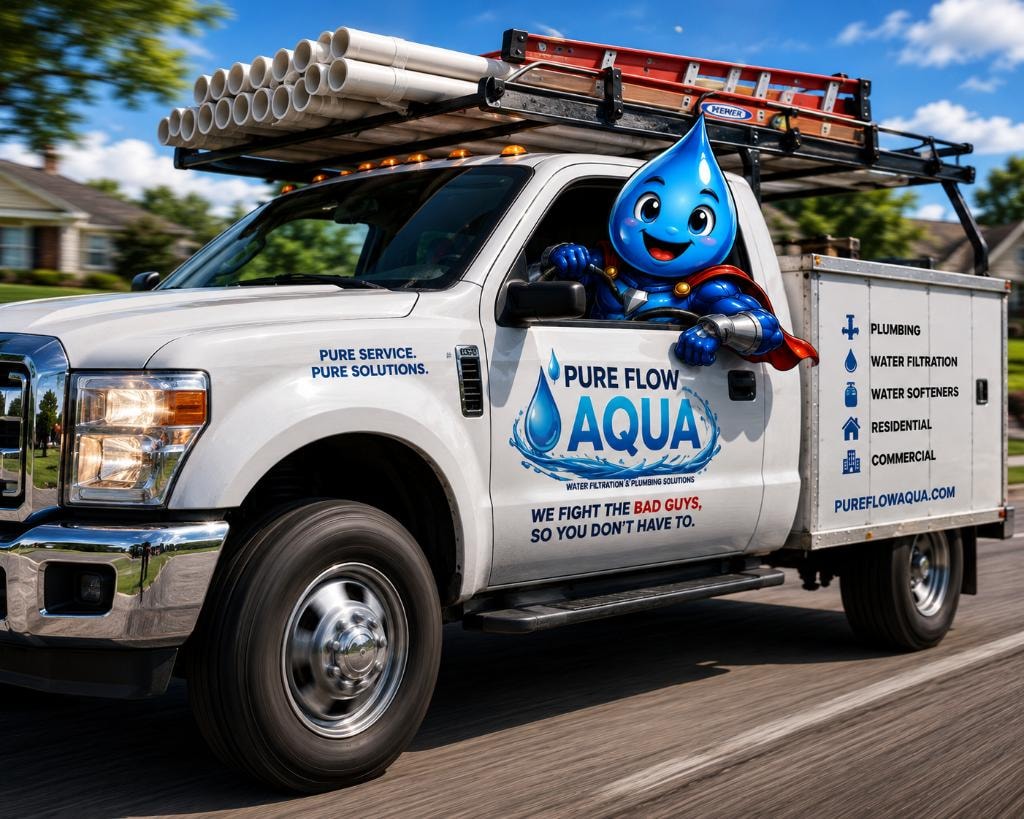 Pure Flow Aqua branded service truck — We Fight the Bad Guys So You Don't Have To