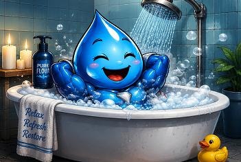 Pure Flow Aqua mascot relaxing in a bubble bath — Relax, Refresh, Restore