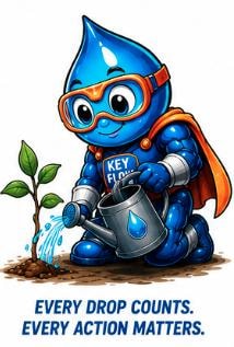 Pure Flow Aqua mascot watering a plant — Every Drop Counts. Every Action Matters.