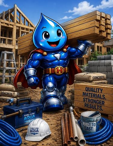 Pure Flow Aqua mascot on a new construction site — Quality Materials, Stronger Results, Built to Last